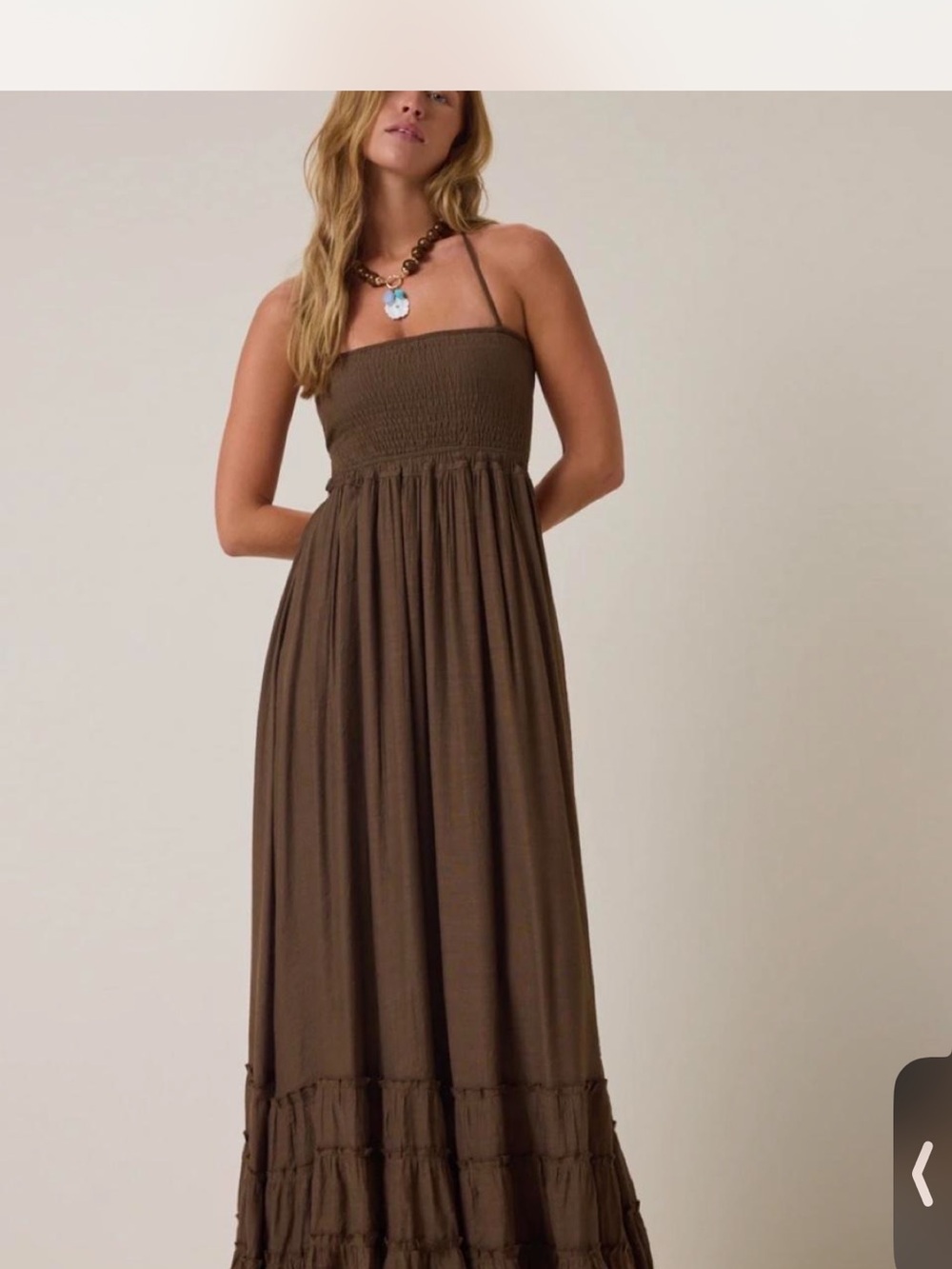 🤎Altar'd State chocolate Brown Smocked Maxi Dress with Tiered Hem🤎